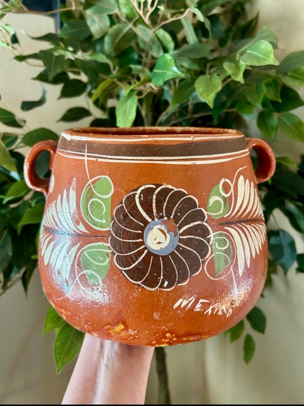 Authentic Mexican Clay Pot, Primitive style, Hand made, Hand painted, signed